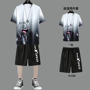 扎染短袖网眼夏季t恤冰丝薄款短裤跑步套装宽松大码速干男运动服