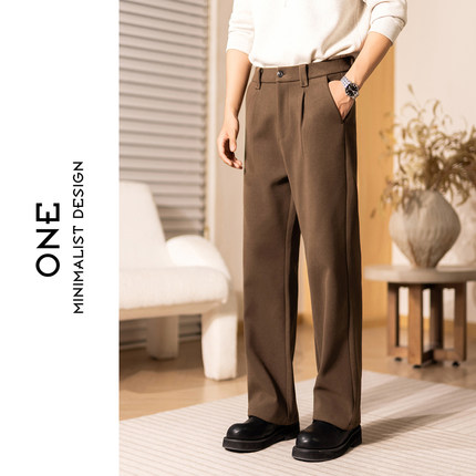秋冬极简风男士高腰直筒休闲裤宽松长裤老钱风高级感质感毛呢裤