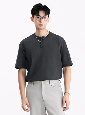 夏季男白色棉质宽松休闲上衣短袖T恤打底衫亨利领美式复古冰爽棉