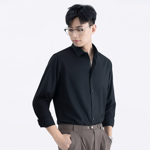 夏季莫代尔衬衫男士长袖透气吸汗免烫抗皱衬衣商务正装休闲纯色