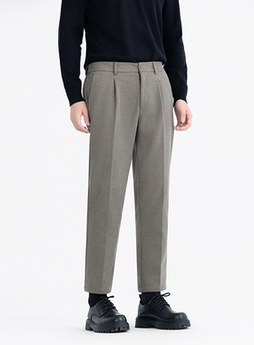 高级感松紧腰秋冬加厚毛呢裤男九分裤秋冬男士休闲裤宽松抗皱长裤