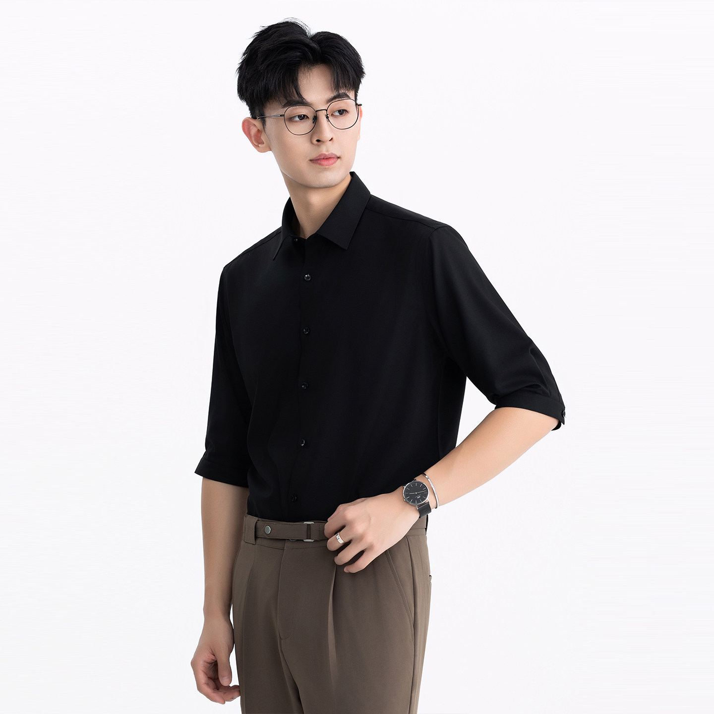 冰丝夏季短袖衬衫男士韩版修身帅气潮流五分中袖商务正装免烫衬衣