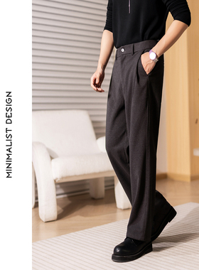 秋冬新款三本针老钱风高腰直筒休闲裤男宽松百搭长裤极简风毛呢裤