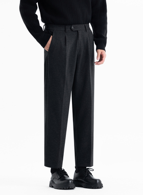 秋冬新款松紧腰男士直筒毛呢裤子加厚韩版商务免烫休闲裤九分裤