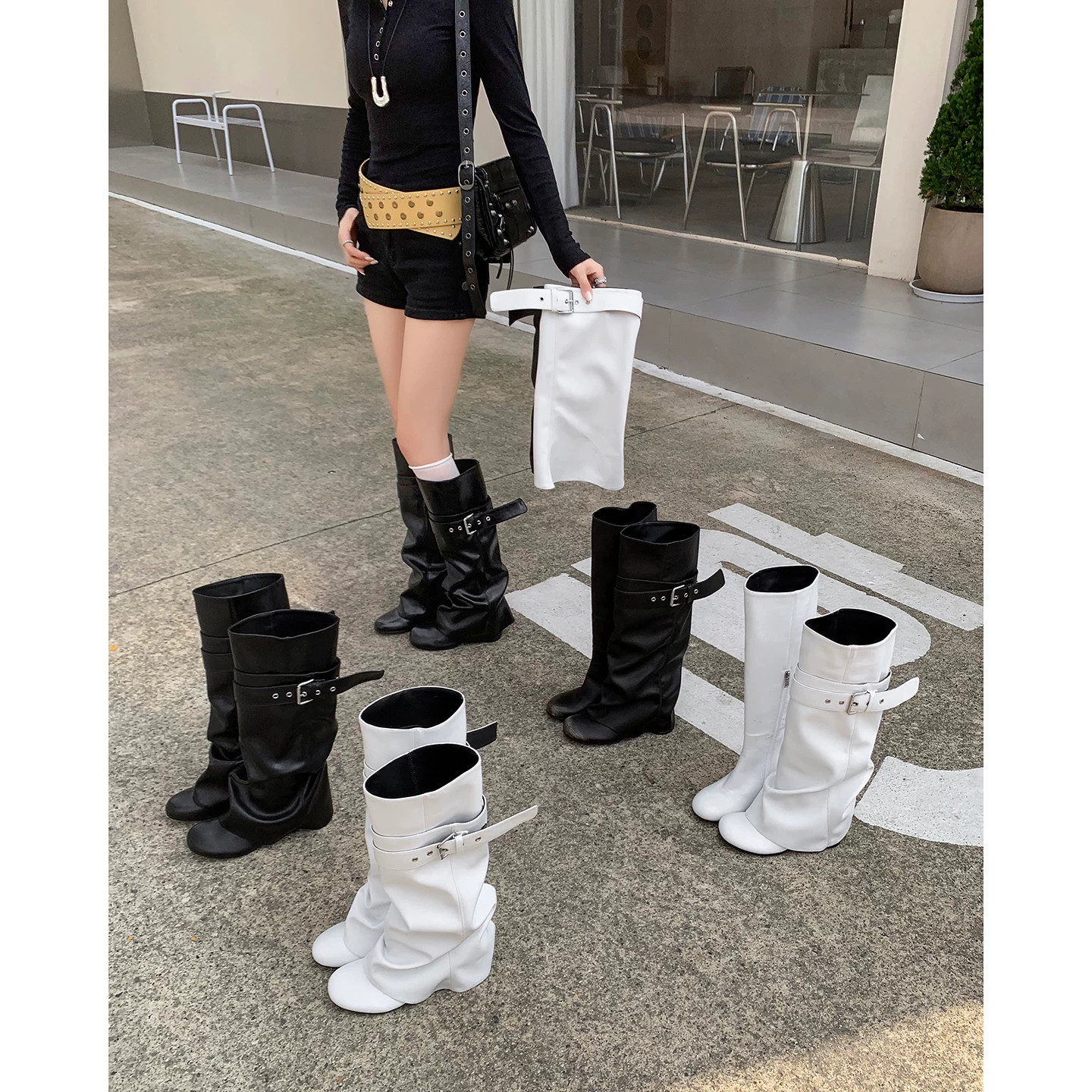 增高7cm可拆卸皮带扣骑士靴女两穿西部堆堆靴裤管靴增高靴子白色