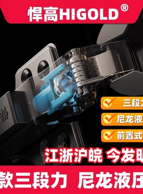 悍高 三段力尼龙液压缓冲阻尼柜门铰链不锈钢 枪灰厚门合页