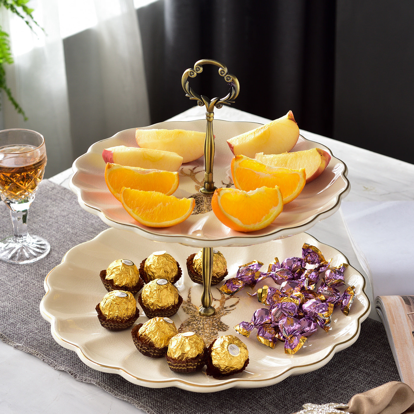 家用双层果盘美式欧式客厅陶瓷水果盘蛋糕架点心盘多功能干果糖大