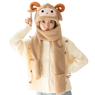 帽子手套围巾三件套一体可爱羊羔女孩子女士儿童围脖冬季冬天保暖