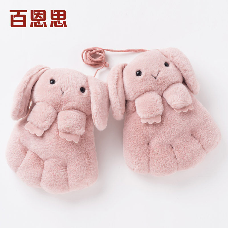 挂脖棉手套女生秋冬季冬天加绒加厚保暖防寒韩版毛绒卡通可爱兔子