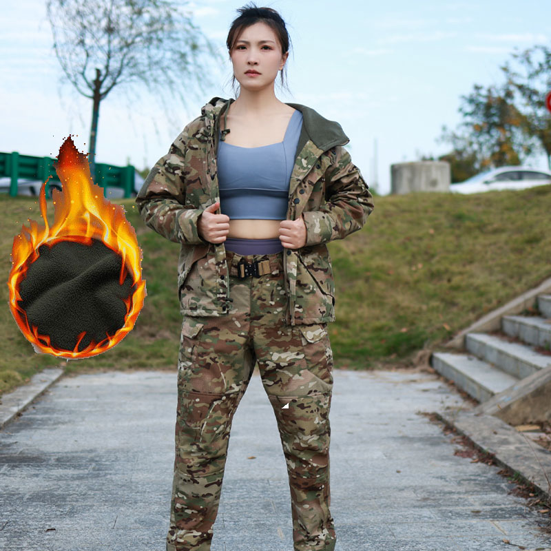 战术风迷彩作训套装男女加绒加厚