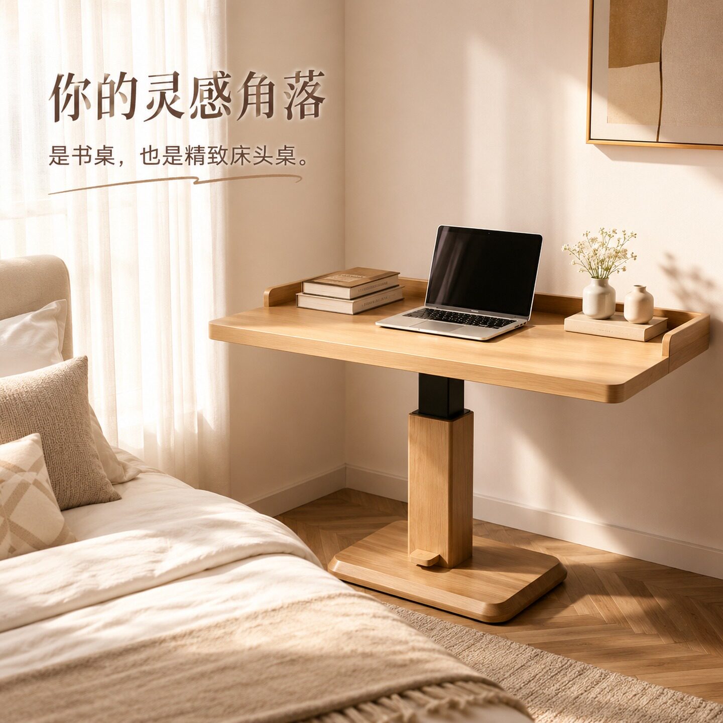 实木升降书桌小型电脑床边桌图片