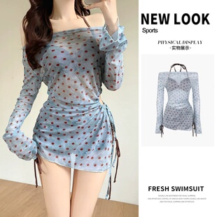 防晒度假性感泳装 比基尼三件套泳衣女2026新款 波点一字肩分体长袖