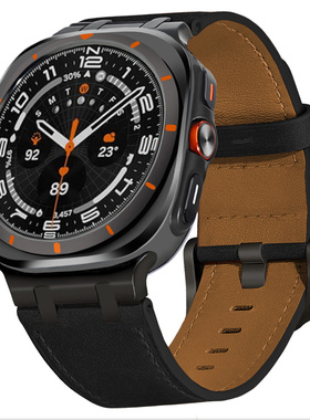 适用三星手表watch7ultra47mmAP款疯马纹高级感真皮表带金属扣男