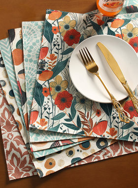 跨境出口餐垫高级布料方形小花防烫垫防滑垫盘垫杯垫西餐家用装饰
