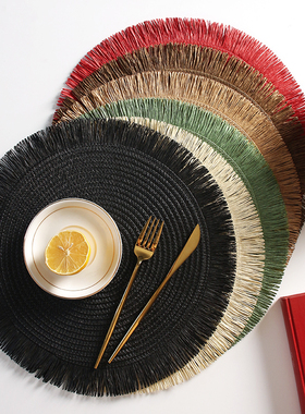 新款黄麻纸混编环保可降解菜垫餐垫桌面装饰纸防烫餐桌隔热垫流苏