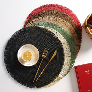 新款黄麻纸混编环保可降解菜垫餐垫桌面装饰纸防烫餐桌隔热垫流苏