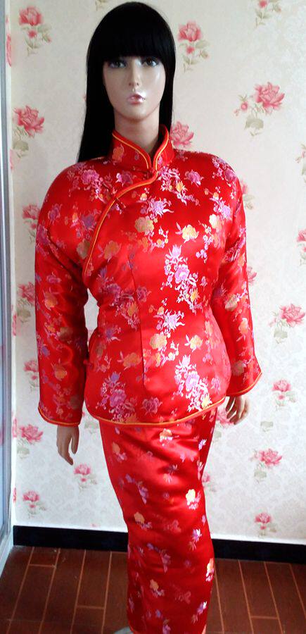大红石榴花织锦软缎古典中式斜襟传统复古连袖大襟棉袄棉裤定做