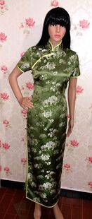 绿底牡丹35织锦短袖 全新样衣出售 斜襟复古优雅精致高开叉旗袍L码
