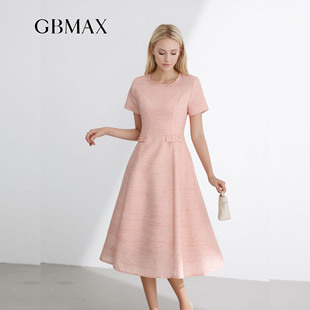 GBMAX粉色大摆连衣裙2026夏季新款高级感钉珠气质收腰显瘦A字伞裙