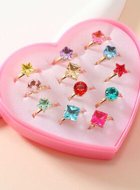 跨境爆款12枚仿宝石儿童戒指环公主可爱手饰爱心礼盒