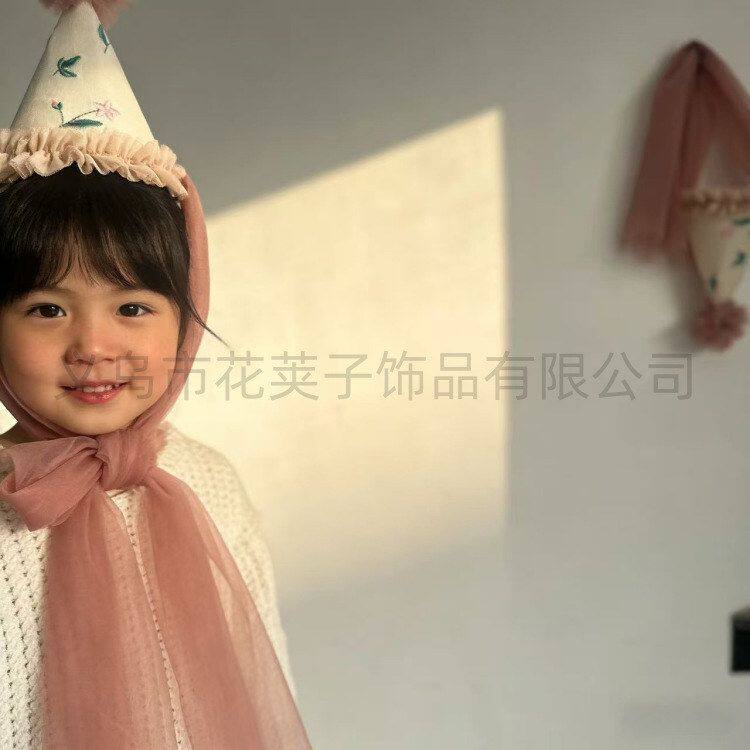 ins风生日派对布置刺绣花朵网纱飘带生日帽宝宝周岁拍照氛围头饰