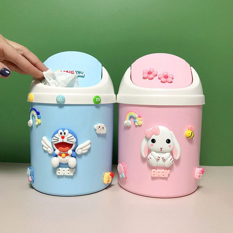 卡通创意可爱桌面少女小垃圾桶带盖办公室茶几卧室客厅摇盖垃圾筒