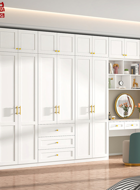 奶油风衣柜梳妆台书桌一体组合家用卧室收纳柜化妆桌衣橱定制A22