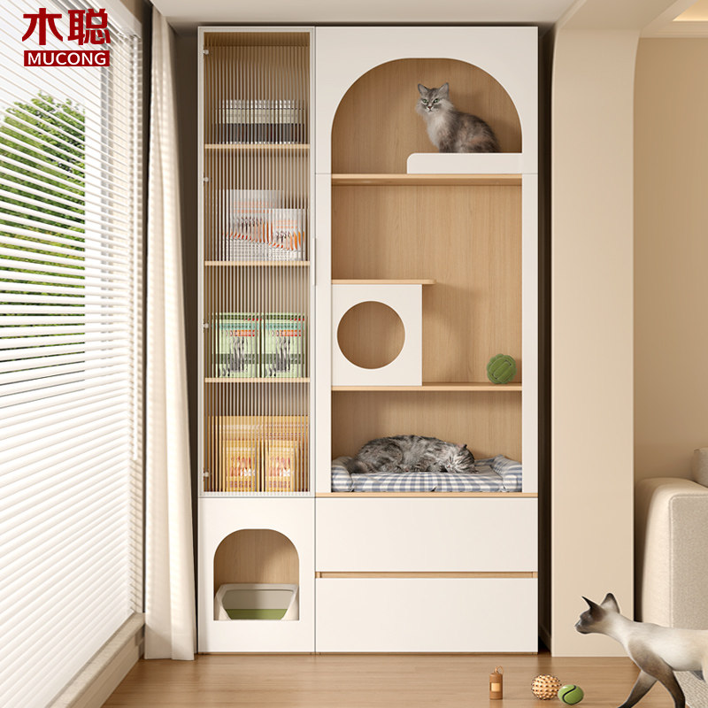 原木风实木猫别墅家用猫柜阳台柜图片