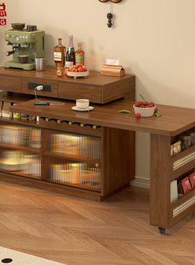 中古风实木岛台餐桌一体2025新款小户型吧台桌餐边柜定制9E83