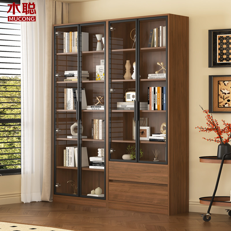 复古风整墙玻璃展示柜子客厅家用书柜储物柜一体书架展示柜F113,住宅家具,组合书柜,淘宝优惠券,粉丝福利购,淘宝优惠卷