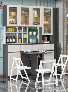 奶油风折叠餐桌餐边柜一体靠墙高柜简约轻奢小户型餐厅柜酒柜G118
