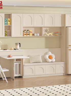 奶油风岩板餐边柜折叠餐桌一体靠墙冰箱柜置物架厨房储物柜G264