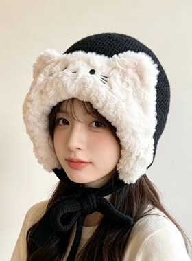 韩版可爱猫耳朵毛绒帽女冬季保暖护耳加厚防寒针织帽套头帽学生