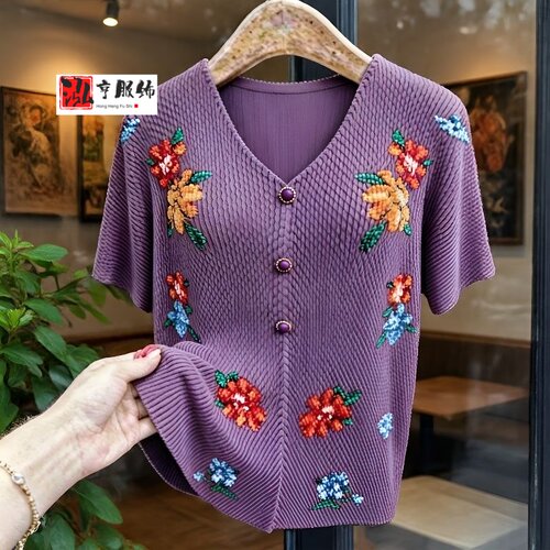 新款龙鳞褶皱短袖立体花卉印花大码弹力宽松V领纽扣遮肉妈妈装