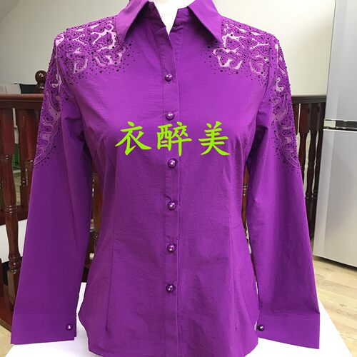 新款中老年女士长袖绣花镶钻衬衫纯色时尚百搭大码修身显瘦有弹力