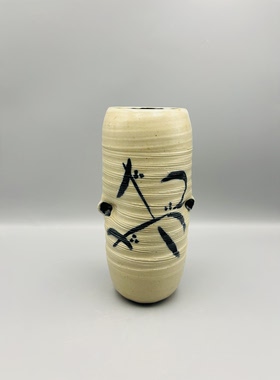 A610，手作绞胎旋纹青花写意兰草双耳筒式花入，无原盒