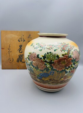 A635，日本回流九谷烧玉秀作 鸳鸯牡丹开片赏瓶 ，带原木盒