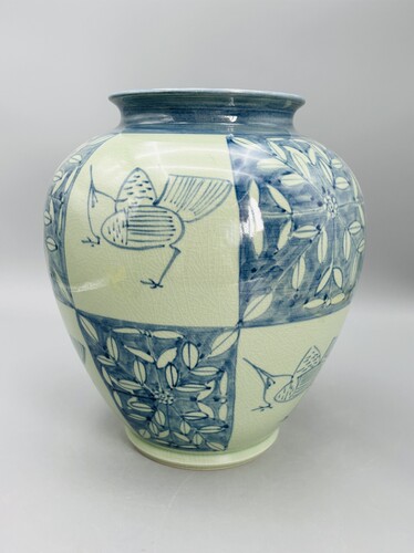 C339，日本回流 复古手绘花鸟青瓷大花瓶 开片釉中古花器，无原盒