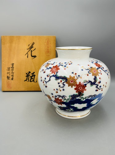 B817，日本回流 深川制花卉描金花瓶，带原木盒