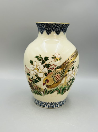 B350，日本回流 富贵吉祥新山作 描金锦鸡牡丹花瓶 带原木盒
