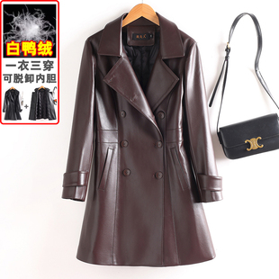 海宁新款 可拆内胆羽绒服收腰显瘦绵羊皮风衣外套 真皮皮衣女中长款