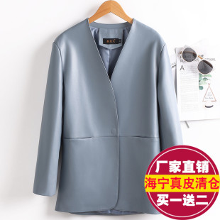 外套轻奢气质皮风衣 宽松显瘦V领小西装 2025新款 真皮皮衣女中长款