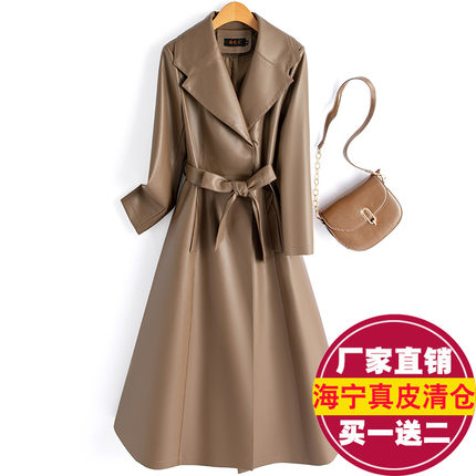 真皮皮衣女中长款过膝系带绵羊皮风衣收腰显瘦大衣外套2025春秋款