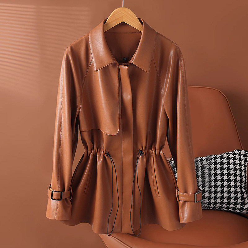 欧货新款真皮皮衣女中长款抽绳收腰绵羊皮风衣宽松显瘦皮夹克外套