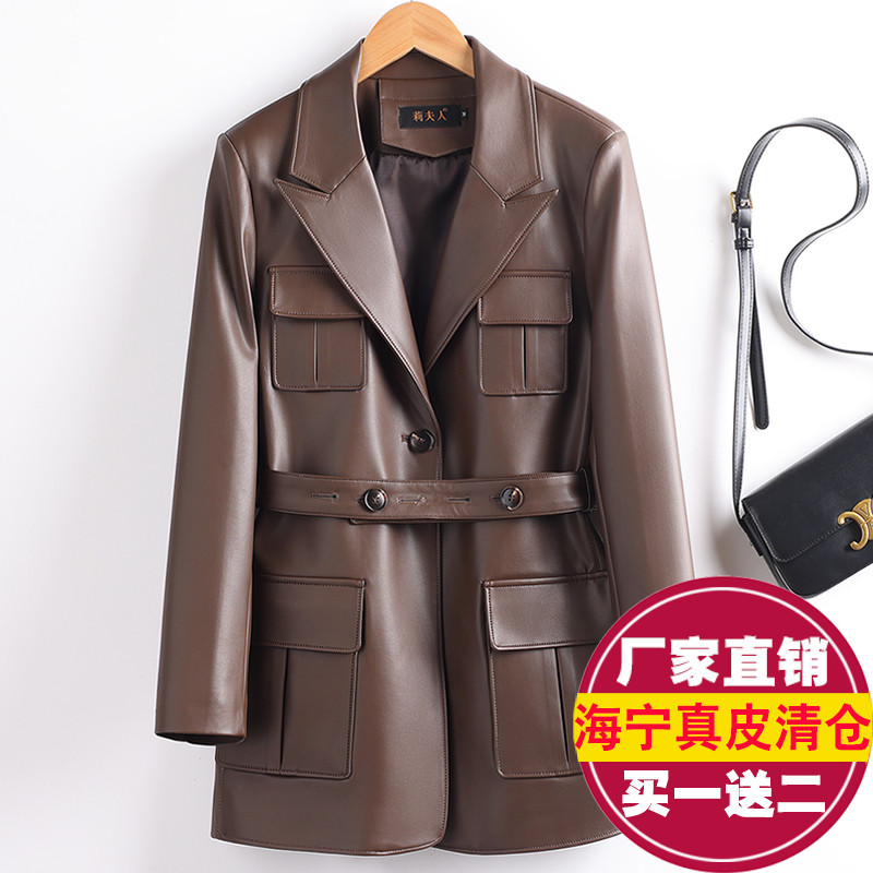 复古真皮皮衣女中长款2025秋冬款绵羊皮风衣收腰西装领皮夹克外套