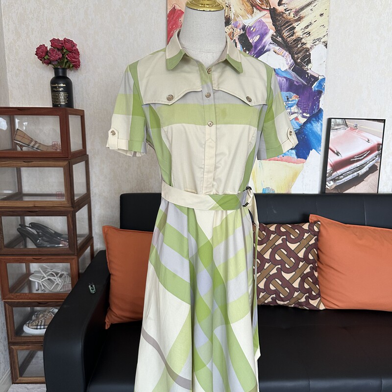 白绿拼色衬衫裙女中长款2024春新款韩版收腰显瘦设计感小众连衣裙