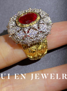 欧美克拉椭圆鸽血红复古宝石戒指