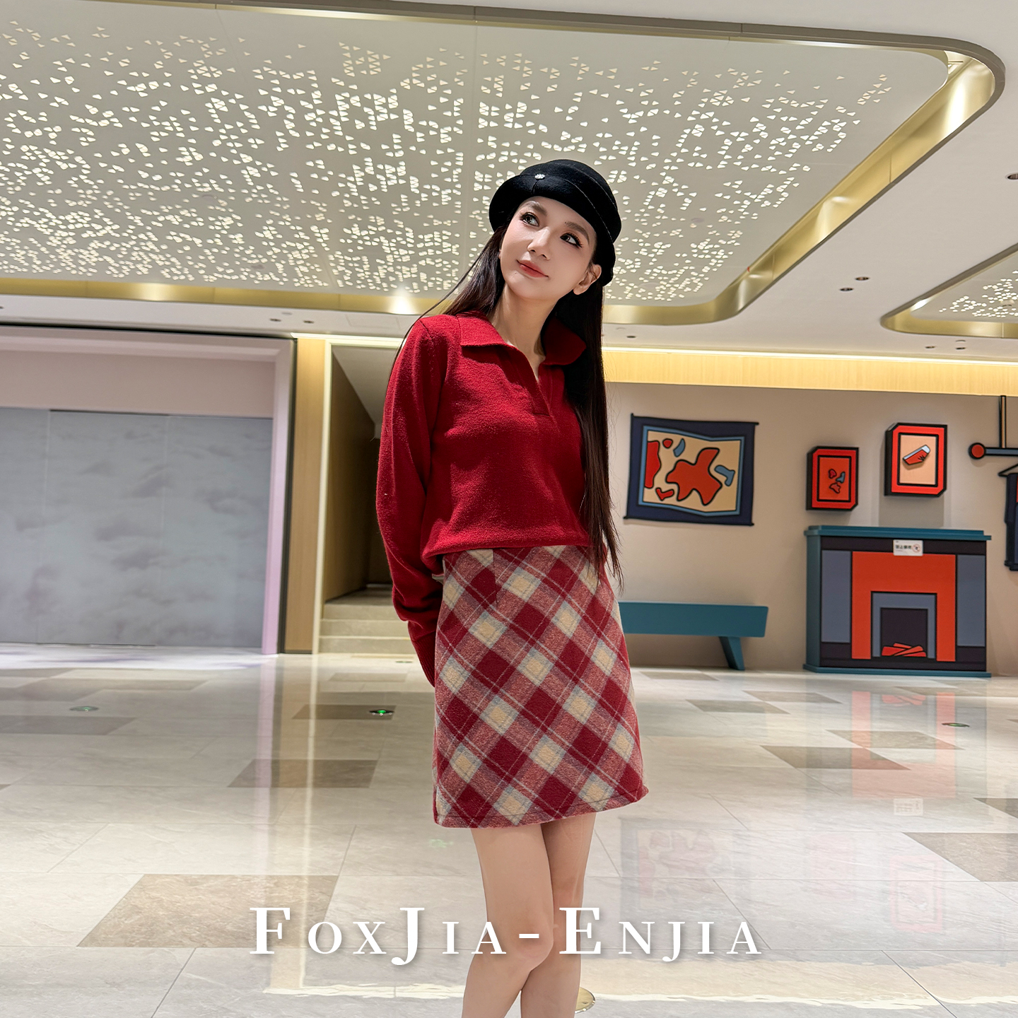 [恩佳专享]毛呢大格子加绒短裙半女韩版新款高腰修身包臀裙8024