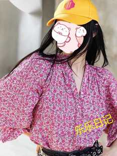 女 甜美风 春夏复古时尚 V领印花碎花宽松泡泡袖 百搭衬衫