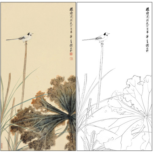 谢稚柳花鸟荷花翠鸟工笔画白描底稿《秋塘图》临摹勾线高清稿XZ54